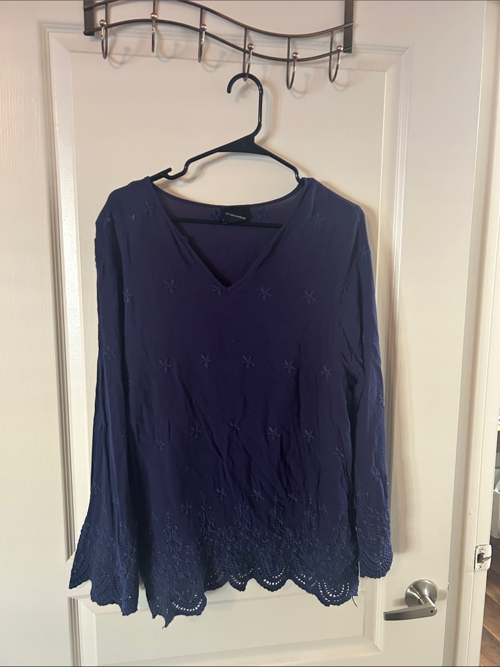 Ladies Navy V-Neck Embroidered Tunic Top